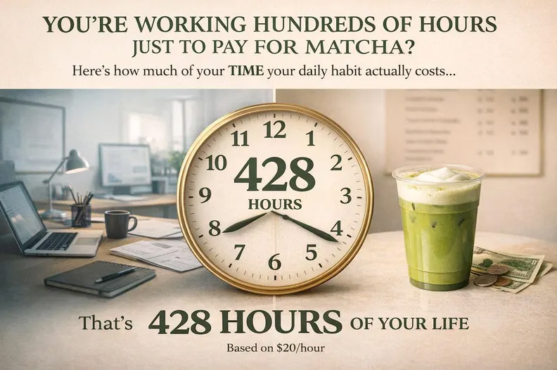 Matcha Habit Cost Calculator showing 428 hours of work at $20 per hour to fund a daily matcha habit over five years — the time cost of small daily purchases
