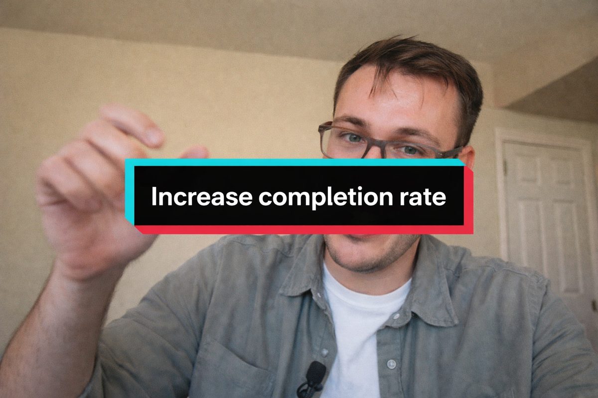 TikTok creator holding up a finger with 'Increase completion rate' text overlay, demonstrating techniques to keep viewers watching until the end