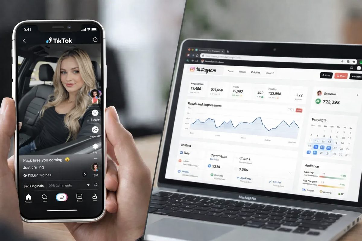 TikTok creator pointing to camera with 'Best TikTok metrics to track' text overlay, explaining which analytics matter most for content growth